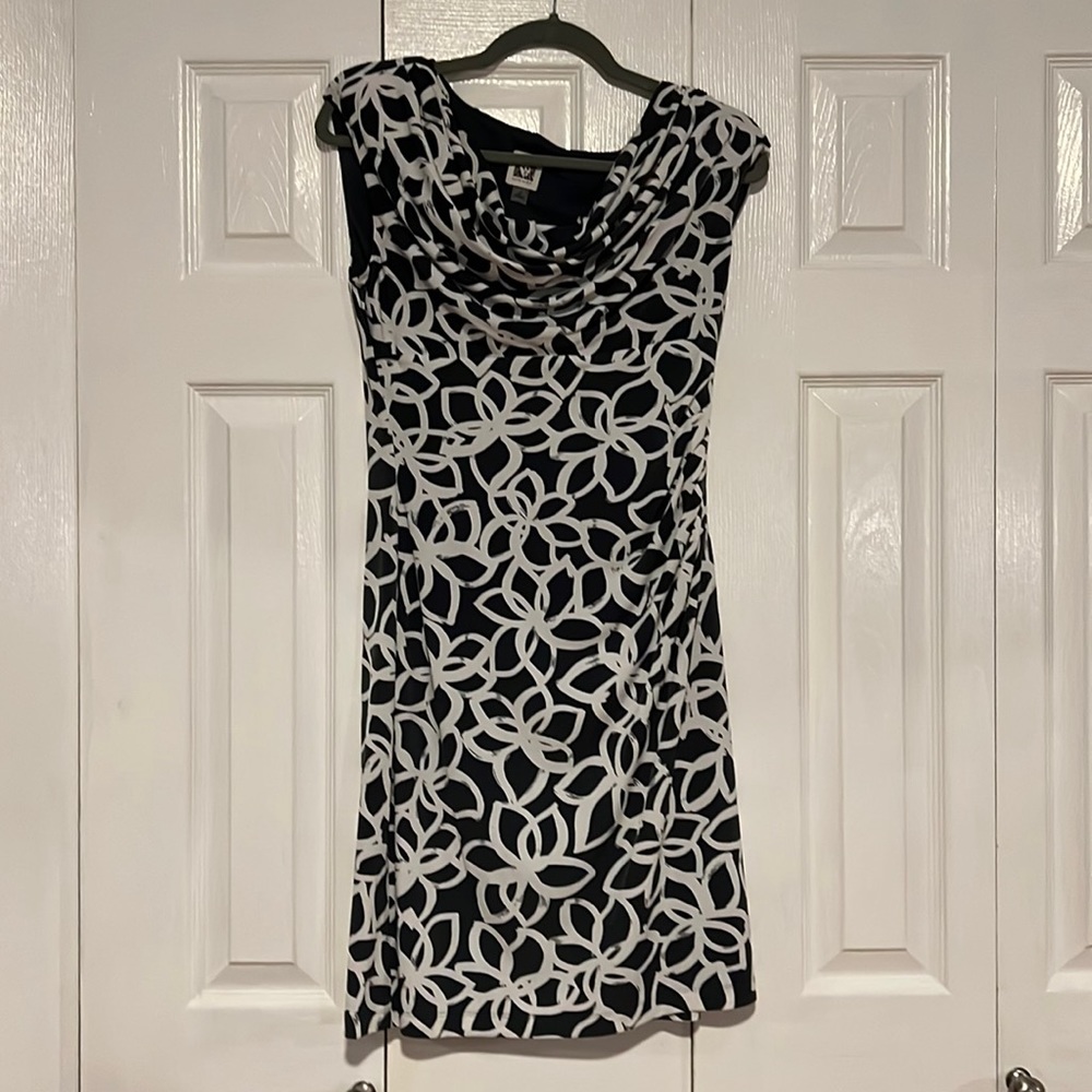 Business casual slate blue and white floral dress